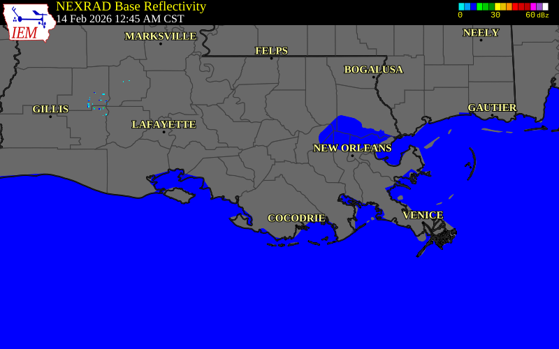 Radar snapshot during the Feb 14, 2026 tornado event near 2 WSW Thibodaux, Lafourche Parish, Louisiana, with NWS warning polygons