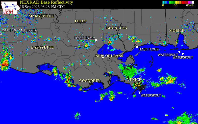 Current NEXRAD radar over Lafourche Parish, Louisiana with recent storm report locations