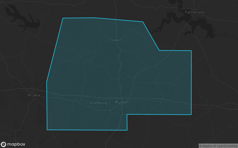 Map of Lincoln Parish, Louisiana showing the county boundary and surrounding cities