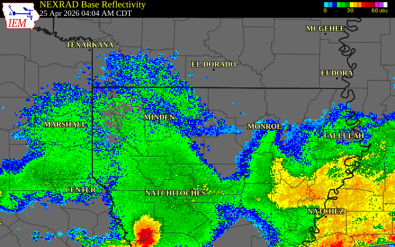 NEXRAD radar during the Saturday, April 25, 2026 storm activity in Lincoln Parish, Louisiana