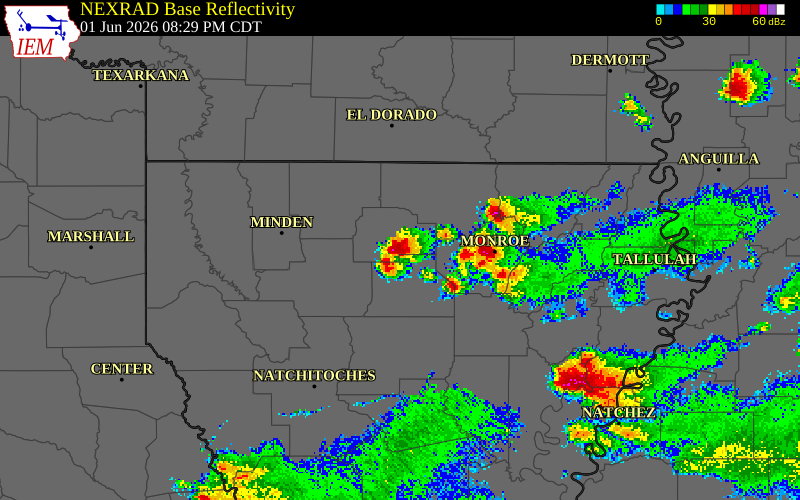 NEXRAD radar during the Monday, June 1, 2026 storm activity in Lincoln Parish, Louisiana