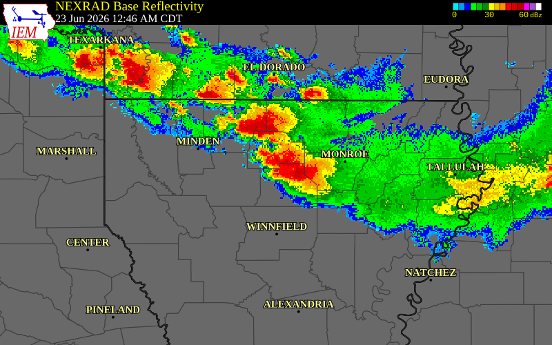 NEXRAD radar during the Tuesday, June 23, 2026 storm activity in Lincoln Parish, Louisiana
