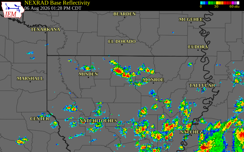 NEXRAD radar during the Thursday, August 6, 2026 storm activity in Lincoln Parish, Louisiana