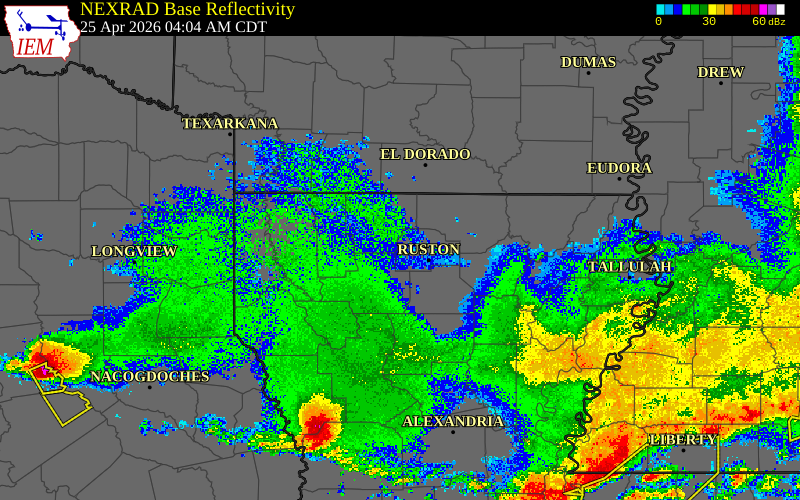 Radar snapshot during the Apr 25, 2026 hail event near 6 NE Arcadia, Lincoln Parish, Louisiana, with NWS warning polygons