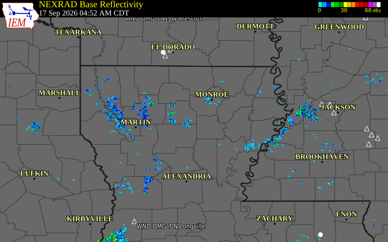 Current NEXRAD radar over Lincoln Parish, Louisiana with recent storm report locations