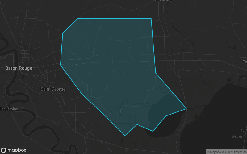 Map of Livingston Parish, Louisiana showing the county boundary and surrounding cities