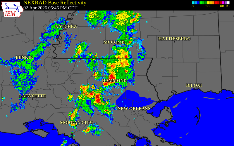 NEXRAD radar during the Thursday, April 2, 2026 storm activity in Livingston Parish, Louisiana