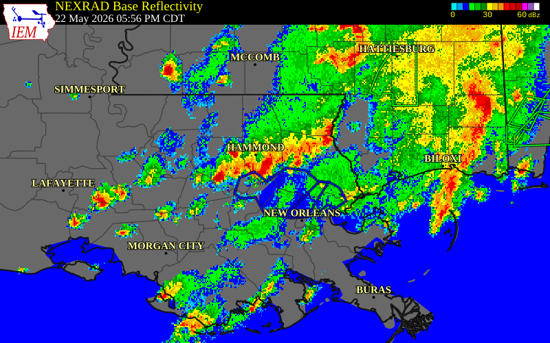 NEXRAD radar during the Friday, May 22, 2026 storm activity in Livingston Parish, Louisiana