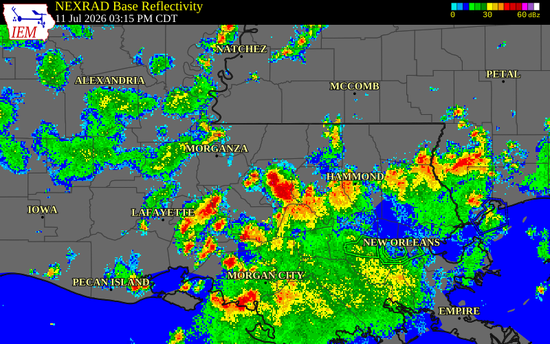 NEXRAD radar during the Saturday, July 11, 2026 storm activity in Livingston Parish, Louisiana
