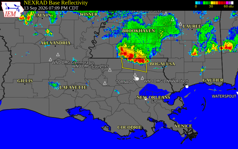 Current NEXRAD radar over Livingston Parish, Louisiana with recent storm report locations