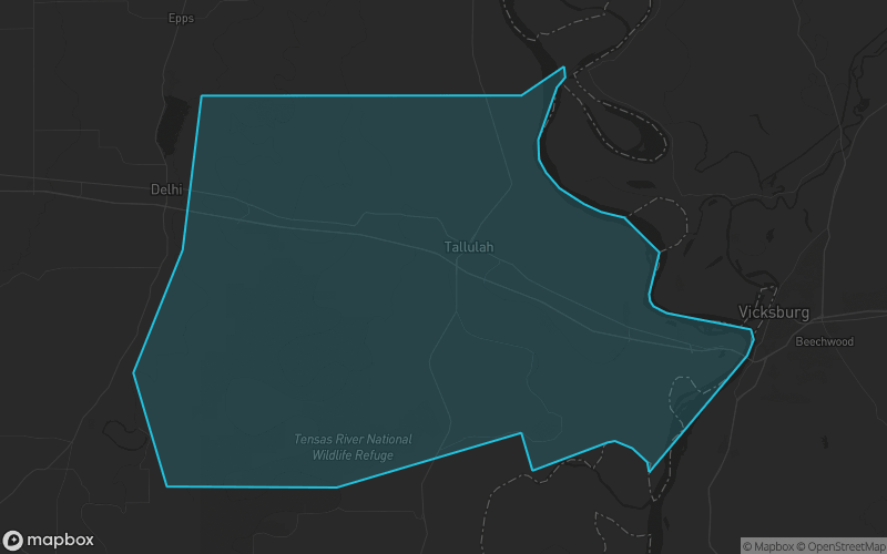 Map of Madison Parish, Louisiana showing the county boundary and surrounding cities