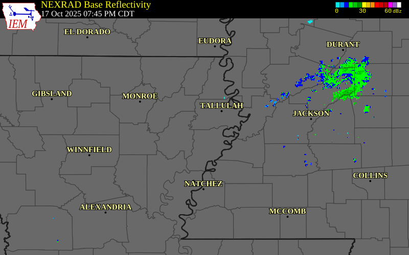 NEXRAD radar during the Friday, October 17, 2025 storm activity in Madison Parish, Louisiana