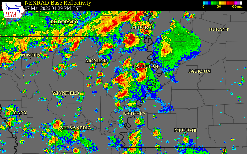 NEXRAD radar during the Saturday, March 7, 2026 storm activity in Madison Parish, Louisiana