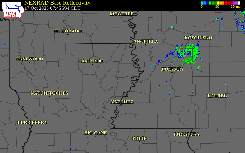 Radar snapshot during the Oct 17, 2025 tornado event near 10 ESE Warsaw, Madison Parish, Louisiana, with NWS warning polygons
