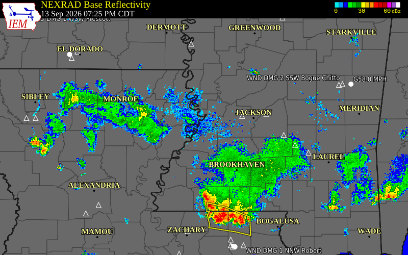 Current NEXRAD radar over Madison Parish, Louisiana with recent storm report locations
