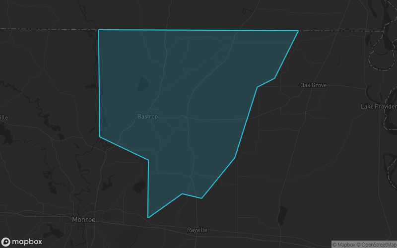 Map of Morehouse Parish, Louisiana showing the county boundary and surrounding cities
