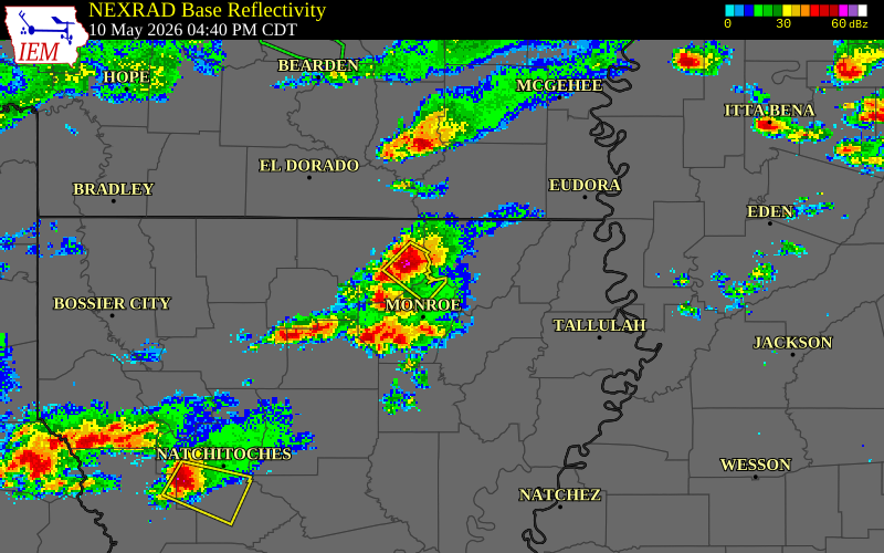 NEXRAD radar during the Sunday, May 10, 2026 storm activity in Morehouse Parish, Louisiana
