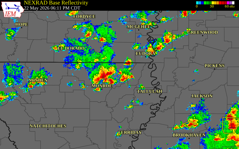 NEXRAD radar during the Friday, May 22, 2026 storm activity in Morehouse Parish, Louisiana