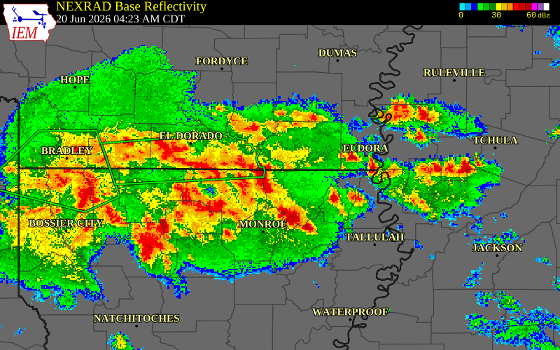NEXRAD radar during the Saturday, June 20, 2026 storm activity in Morehouse Parish, Louisiana