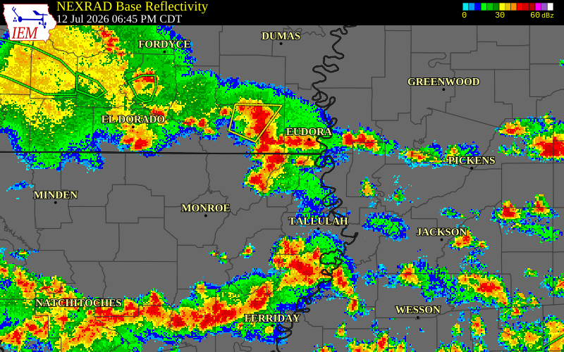 NEXRAD radar during the Sunday, July 12, 2026 storm activity in Morehouse Parish, Louisiana