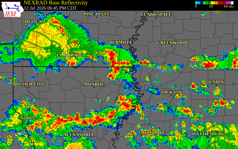 Radar snapshot during the Jul 12, 2026 wind event near Morehouse Parish, Morehouse Parish, Louisiana, with NWS warning polygons