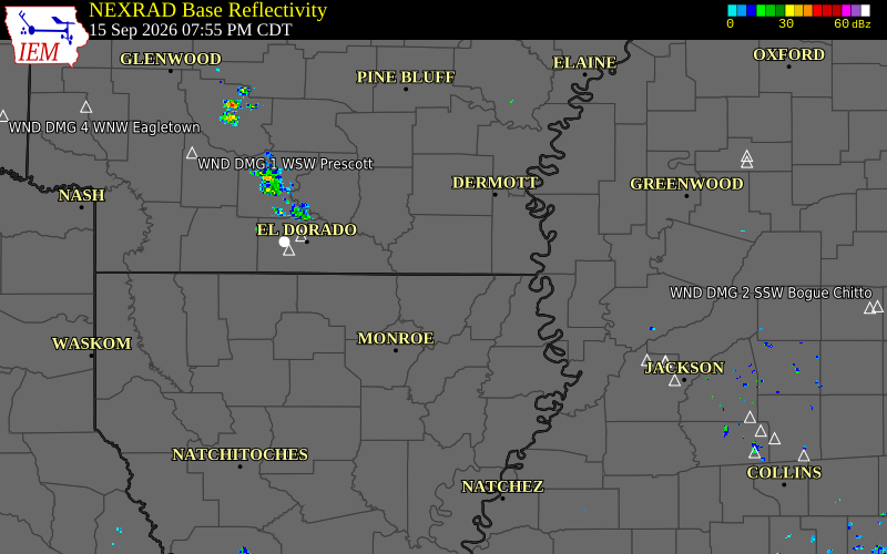 Current NEXRAD radar over Morehouse Parish, Louisiana with recent storm report locations