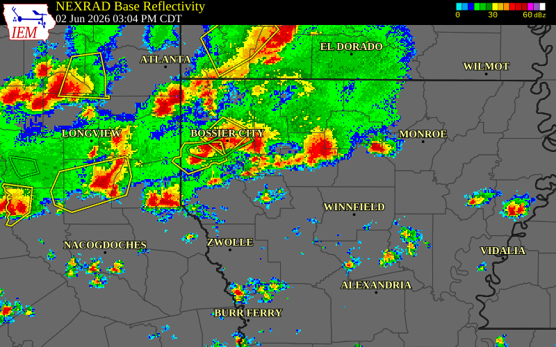 NEXRAD radar during the Tuesday, June 2, 2026 storm activity in Natchitoches Parish, Louisiana
