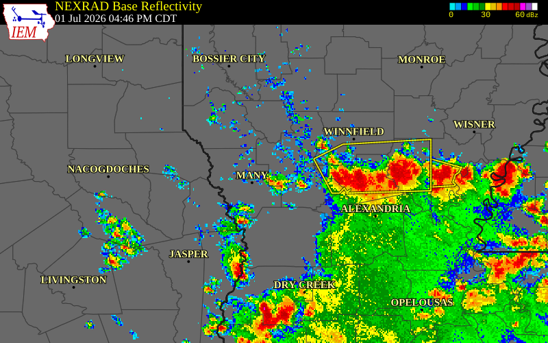 NEXRAD radar during the Wednesday, July 1, 2026 storm activity in Natchitoches Parish, Louisiana