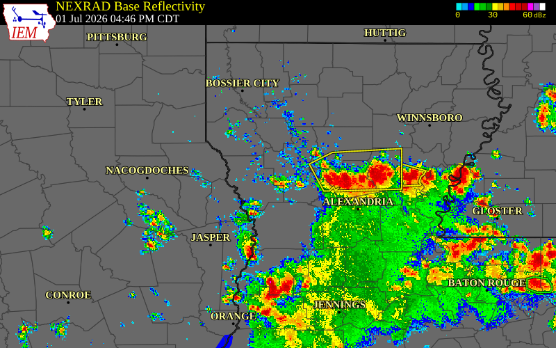 Radar snapshot during the Jul 1, 2026 wind event near Natchitoches Parish, Natchitoches Parish, Louisiana, with NWS warning polygons