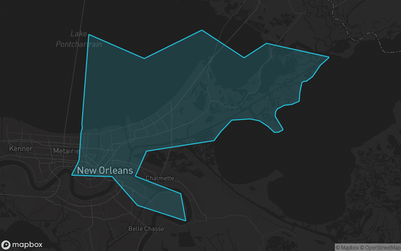 Map of Orleans Parish, Louisiana showing the county boundary and surrounding cities