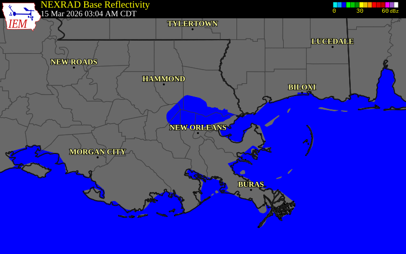 NEXRAD radar during the Sunday, March 15, 2026 storm activity in Orleans Parish, Louisiana