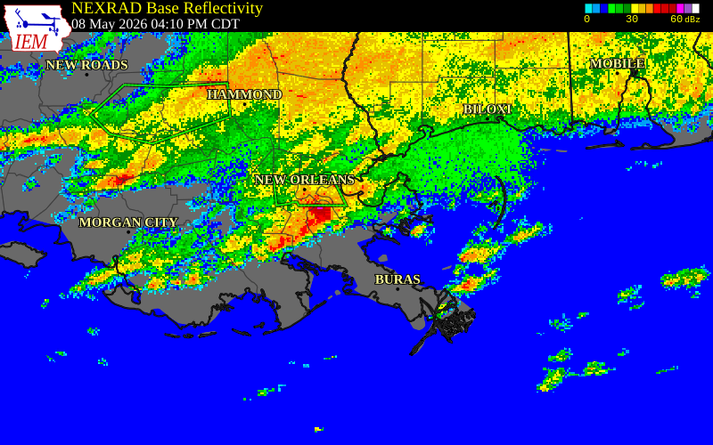 NEXRAD radar during the Friday, May 8, 2026 storm activity in Orleans Parish, Louisiana