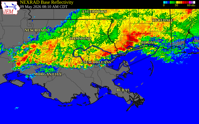 NEXRAD radar during the Saturday, May 9, 2026 storm activity in Orleans Parish, Louisiana