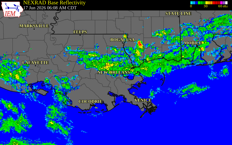 Radar snapshot during the Jun 17, 2026 wind event near 6 WSW East New Orleans, Orleans Parish, Louisiana, with NWS warning polygons