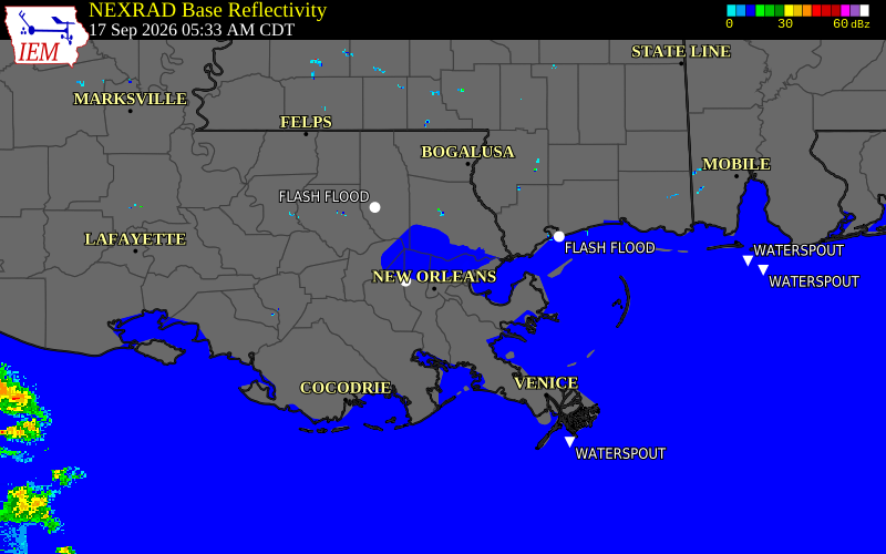 Current NEXRAD radar over Orleans Parish, Louisiana with recent storm report locations