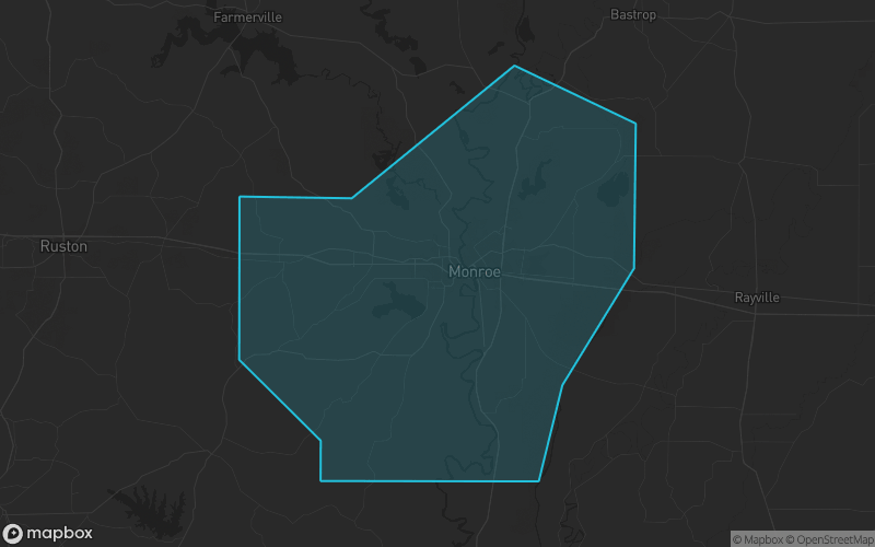 Map of Ouachita Parish, Louisiana showing the county boundary and surrounding cities