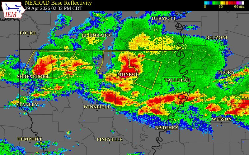 NEXRAD radar during the Wednesday, April 29, 2026 storm activity in Ouachita Parish, Louisiana