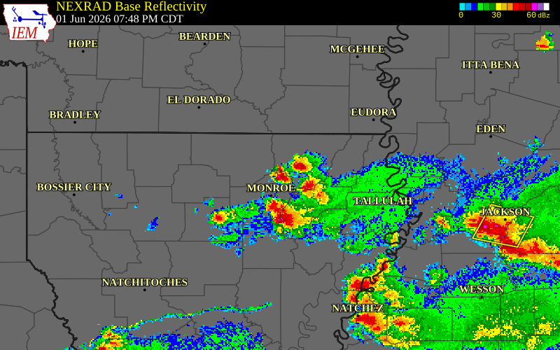 NEXRAD radar during the Monday, June 1, 2026 storm activity in Ouachita Parish, Louisiana