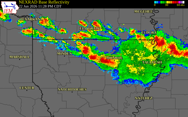NEXRAD radar during the Monday, June 22, 2026 storm activity in Ouachita Parish, Louisiana