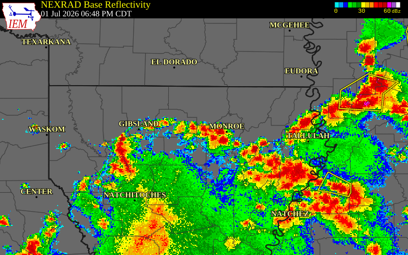 NEXRAD radar during the Wednesday, July 1, 2026 storm activity in Ouachita Parish, Louisiana
