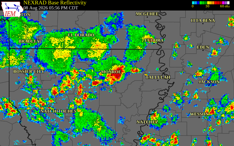 NEXRAD radar during the Saturday, August 8, 2026 storm activity in Ouachita Parish, Louisiana