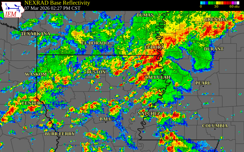 Radar snapshot during the Sep 16, 2025 wind event near 3 E Monroe, Ouachita Parish, Louisiana, with NWS warning polygons