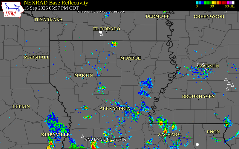 Current NEXRAD radar over Ouachita Parish, Louisiana with recent storm report locations