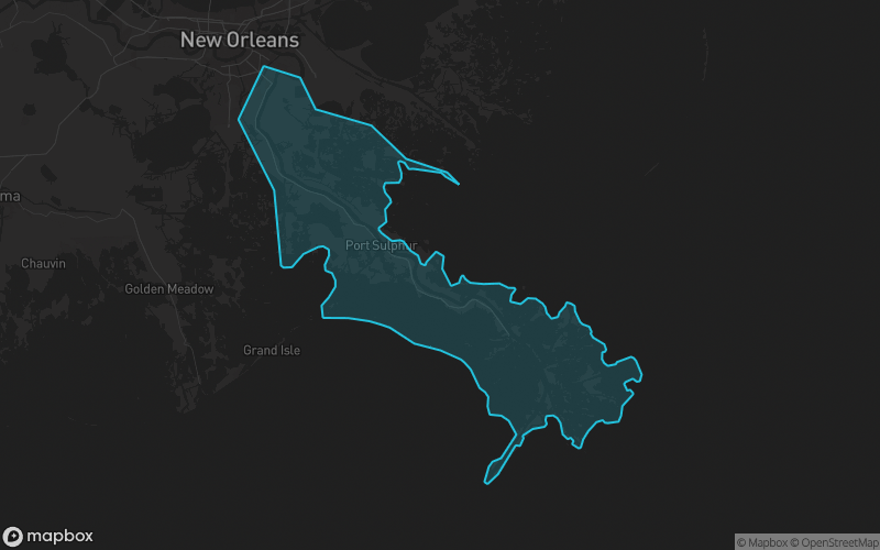 Map of Plaquemines Parish, Louisiana showing the county boundary and surrounding cities