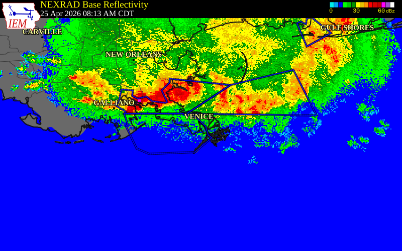 NEXRAD radar during the Saturday, April 25, 2026 storm activity in Plaquemines Parish, Louisiana