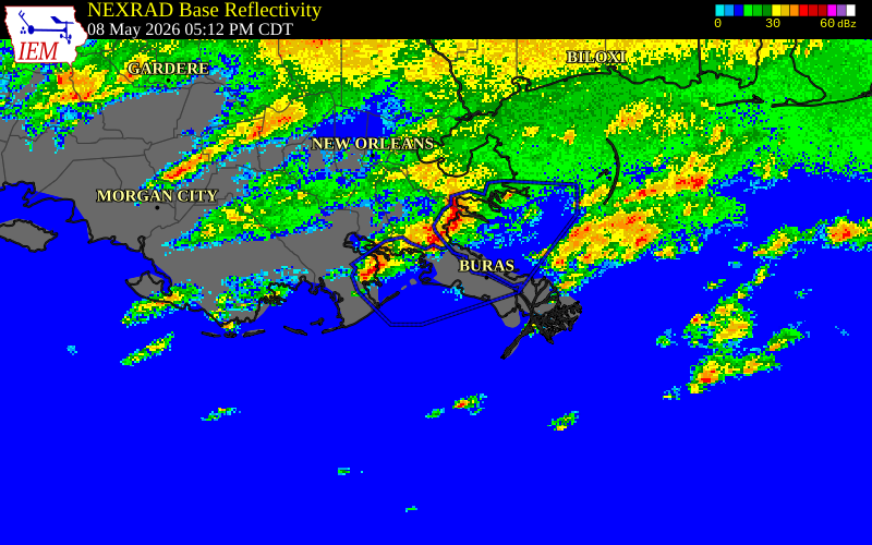 NEXRAD radar during the Friday, May 8, 2026 storm activity in Plaquemines Parish, Louisiana