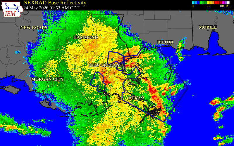NEXRAD radar during the Sunday, May 24, 2026 storm activity in Plaquemines Parish, Louisiana