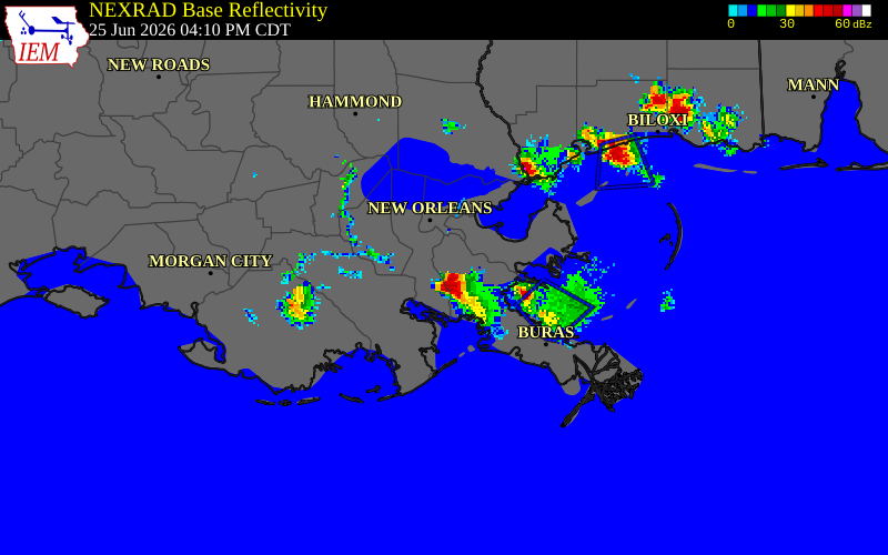 NEXRAD radar during the Thursday, June 25, 2026 storm activity in Plaquemines Parish, Louisiana