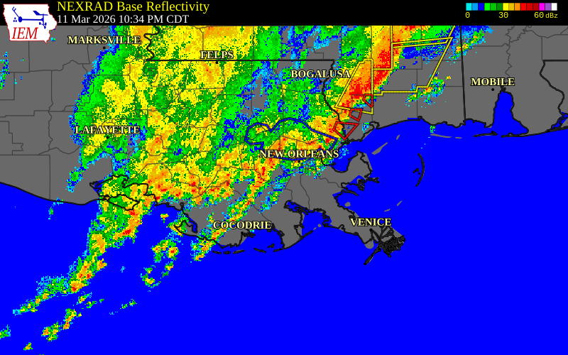 Radar snapshot during the Mar 11, 2026 wind event near Plaquemines Parish, Plaquemines Parish, Louisiana, with NWS warning polygons