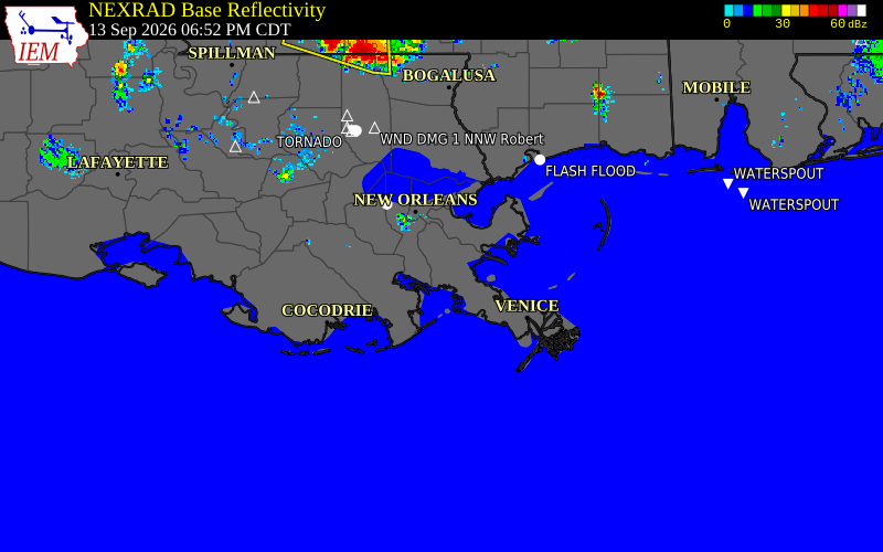 Current NEXRAD radar over Plaquemines Parish, Louisiana with recent storm report locations